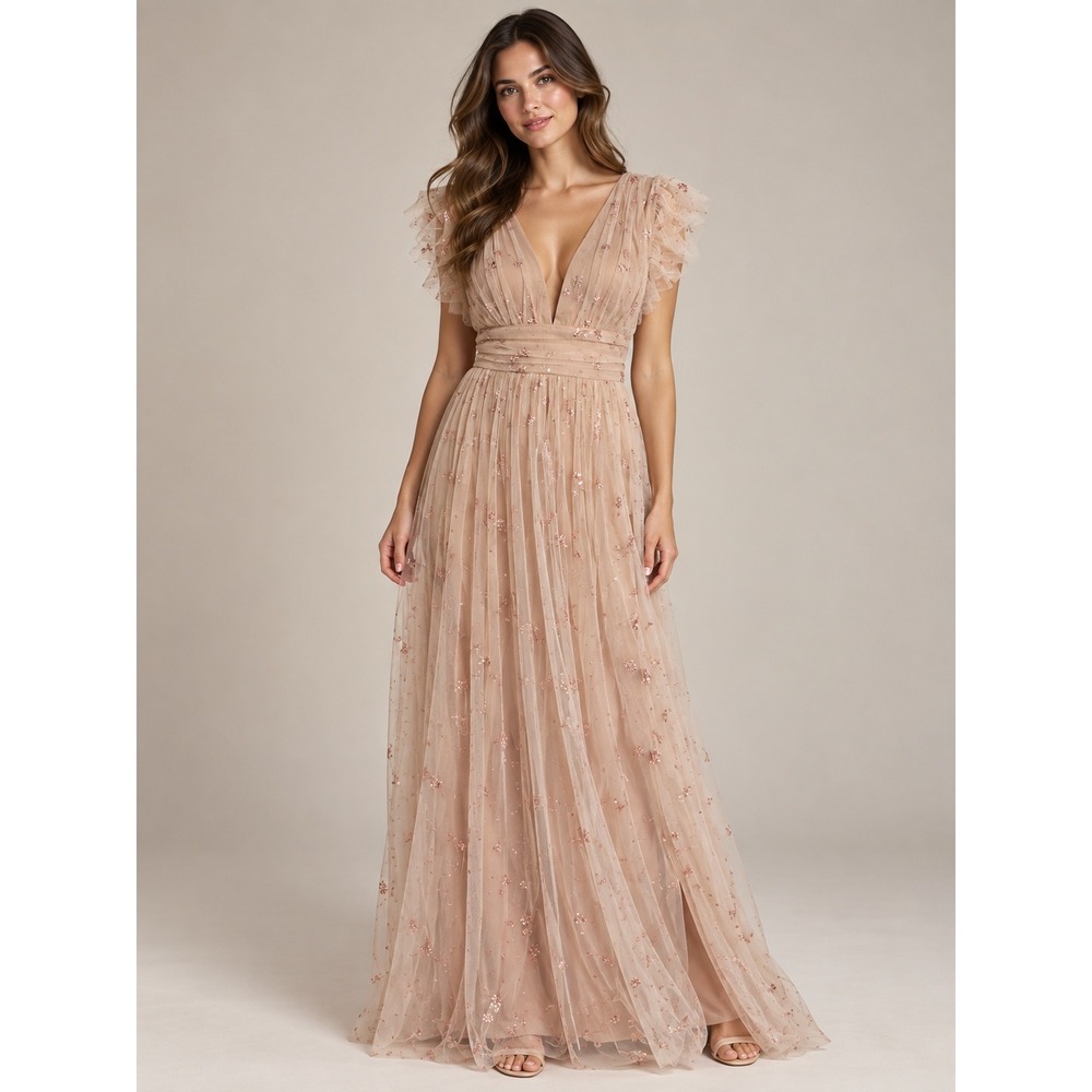 Soieblu Star Maxi Dress Womens Medium Fairycore Celestial Tulle Glitter Ruffle